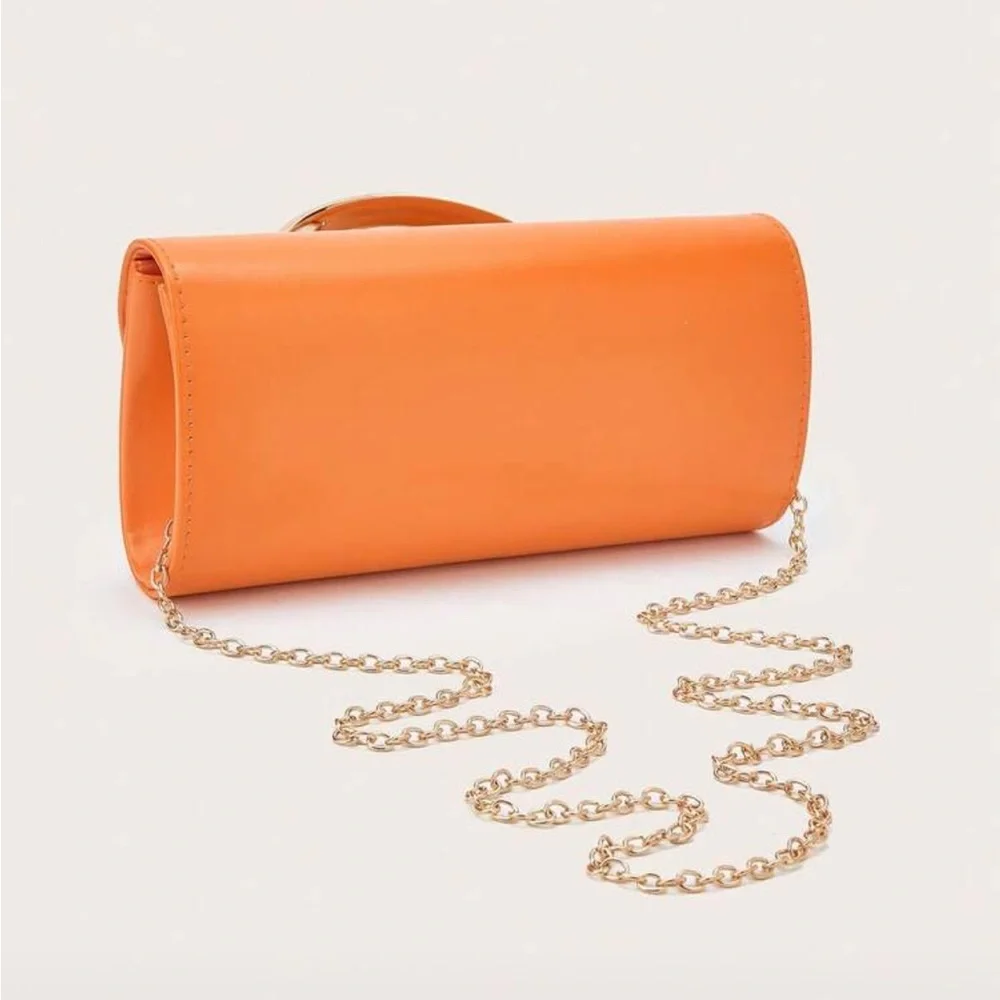 Orange Leather Clutch with Gold Handle